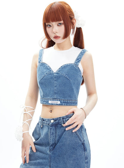 Strap Tank Top Denim Pants Two Piece Set