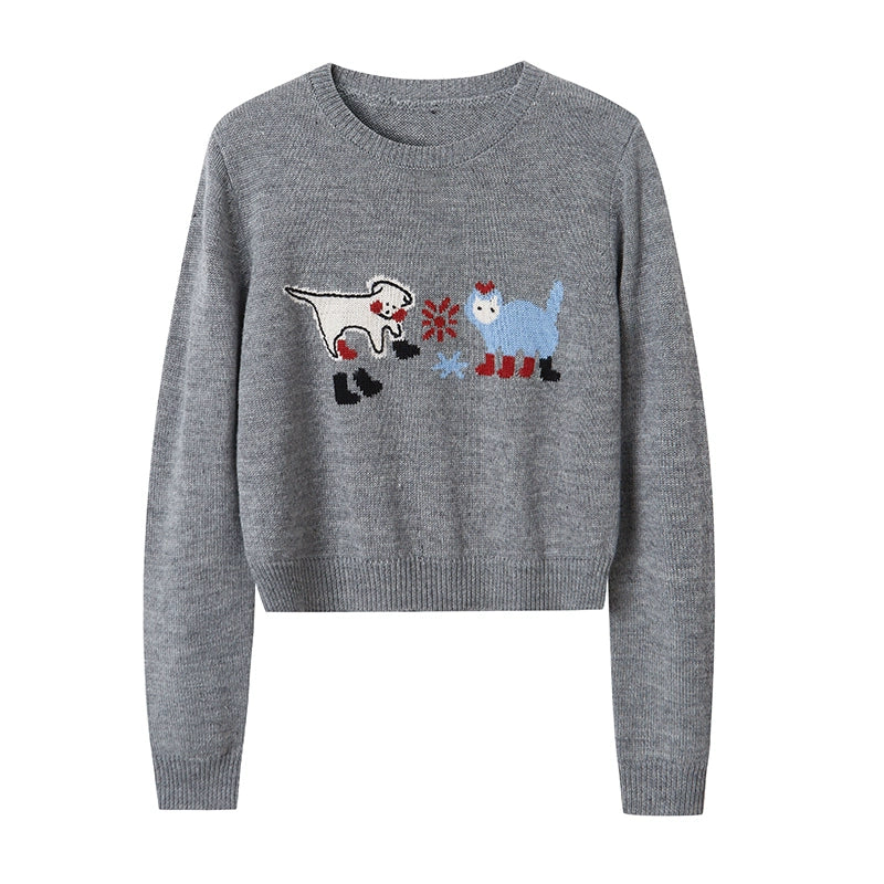 Kitten Puppy Embroidered Wool Blend Top