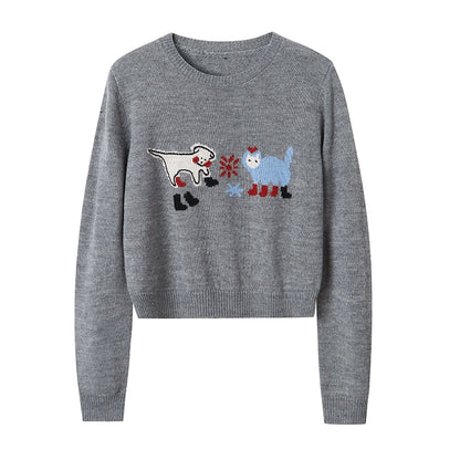 Kitten Puppy Embroidered Wool Blend Top