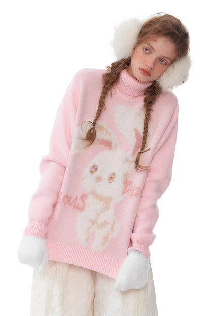 ziziFei autumn and winter American retro design high-quality plush rabbit soft and lazy pink turtleneck sweater woman