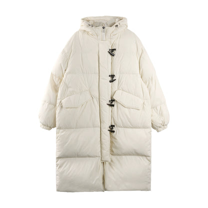 Hooded Horn Button Long Down Jacket