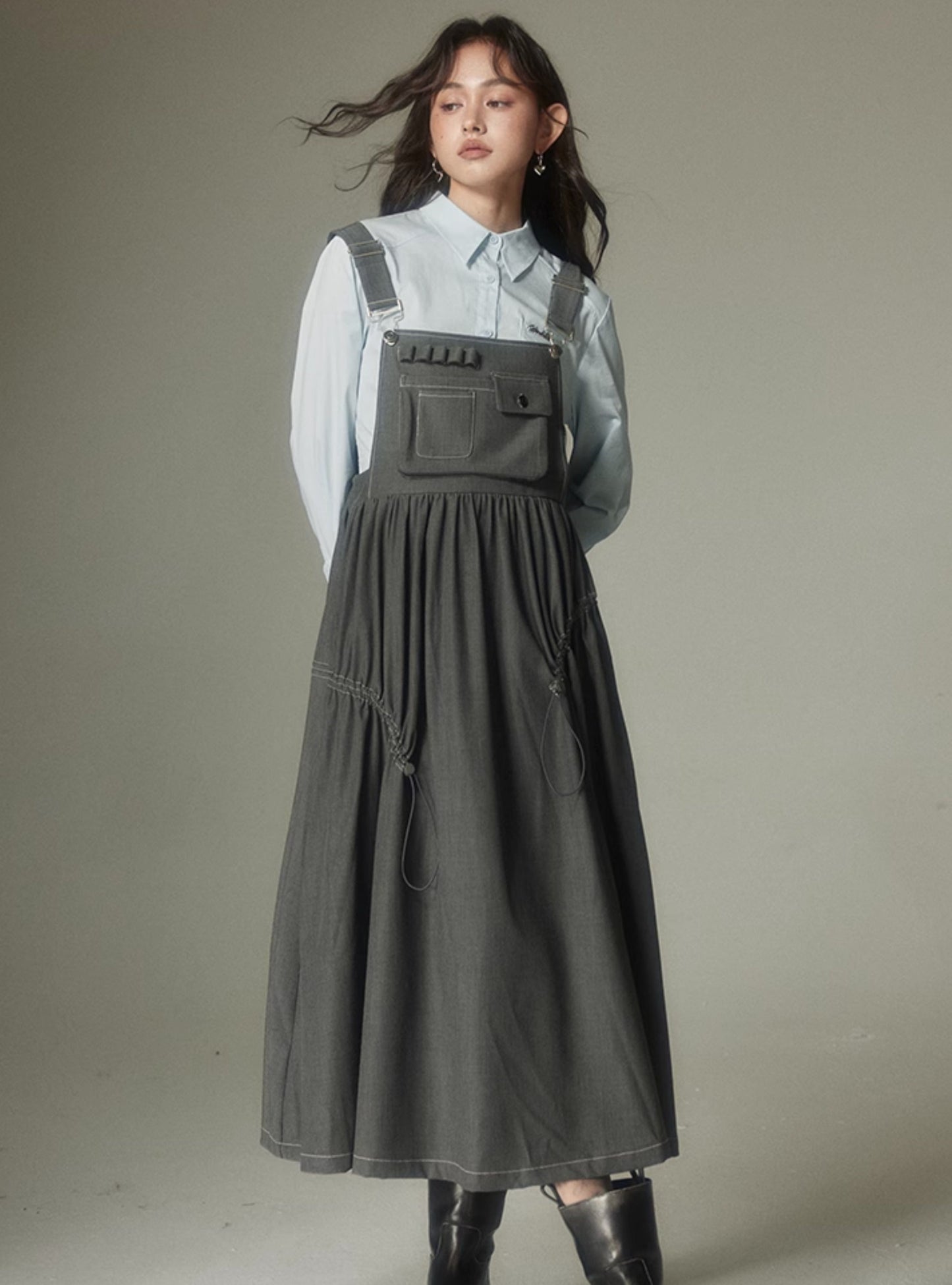 High-waisted loose long bib dress