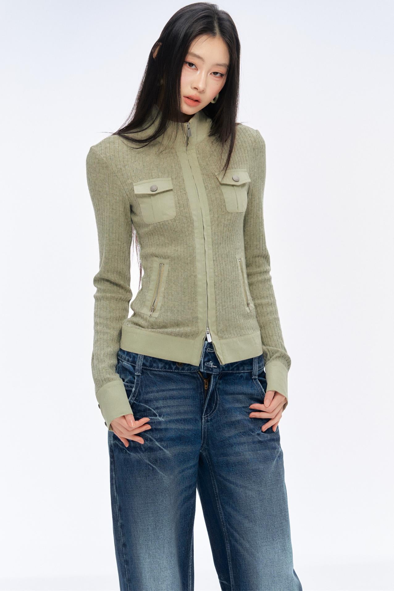 Fitted Design Patchwork Knit Cardigan