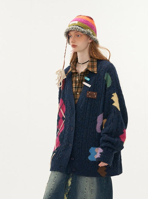 irregular color jacquard cardigan sweater