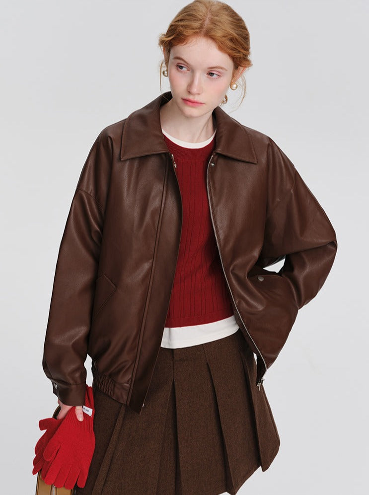 PU Brown Leather Coat