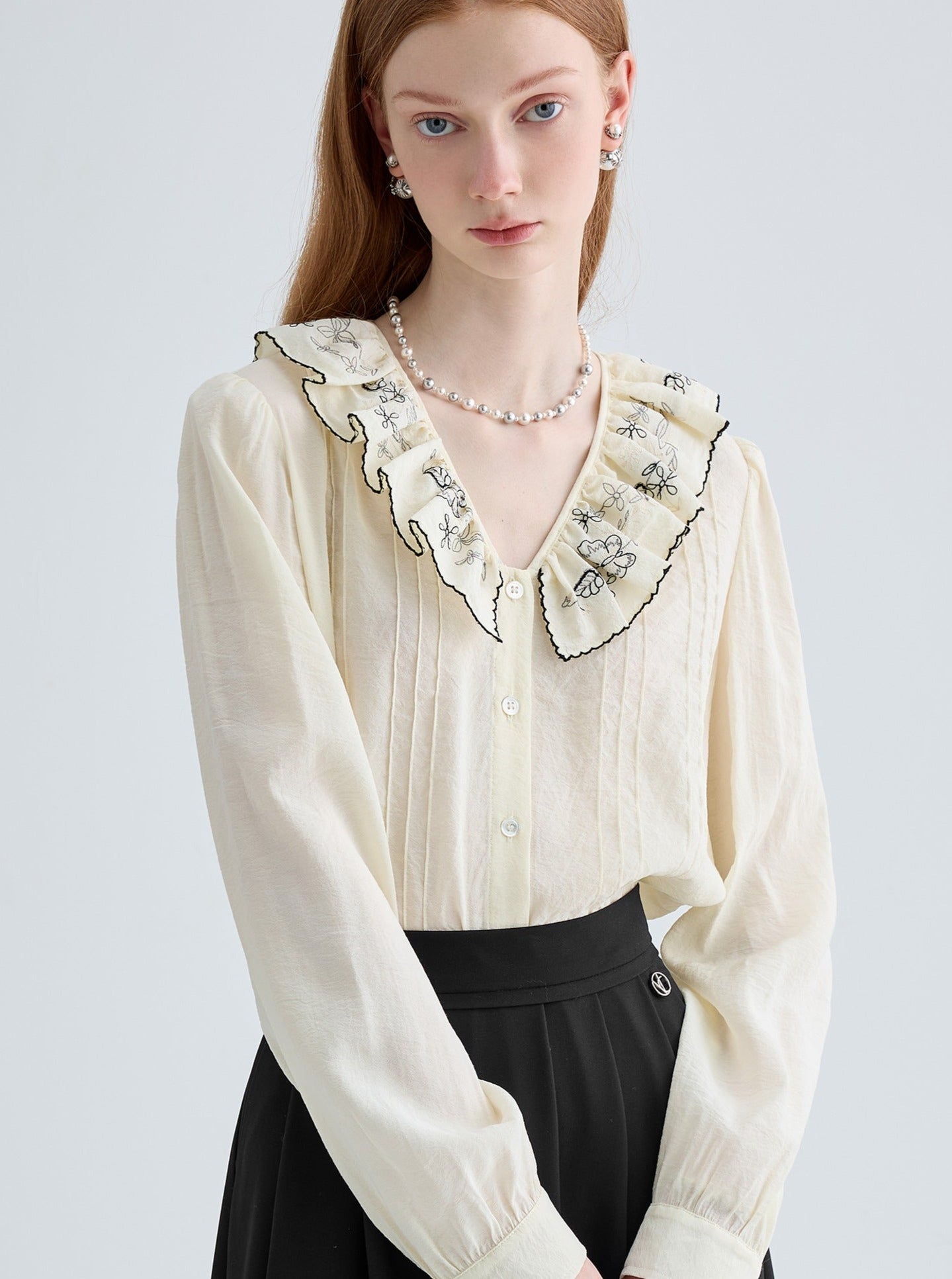 French niche embroidered doll collar top