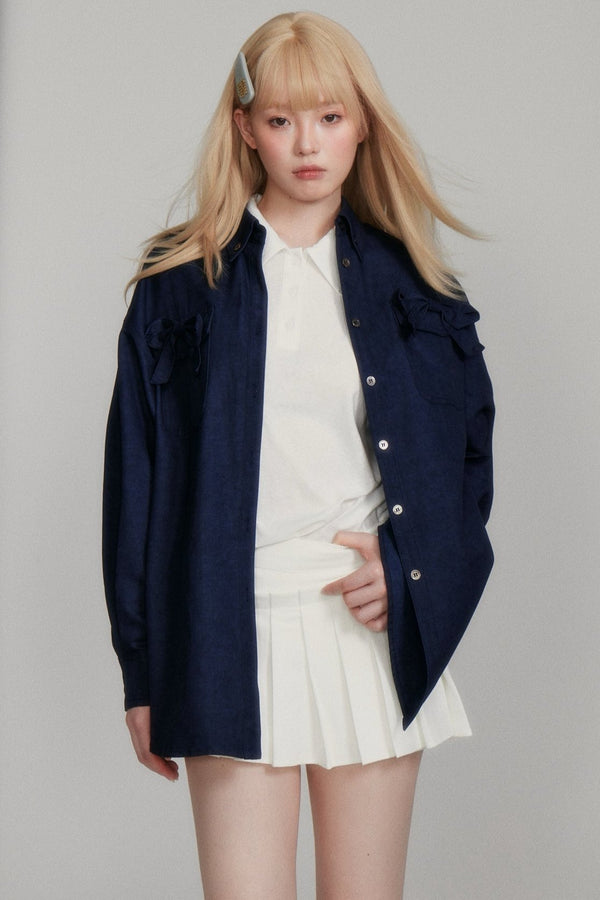 Versatile Navy Bow Denim Shirt