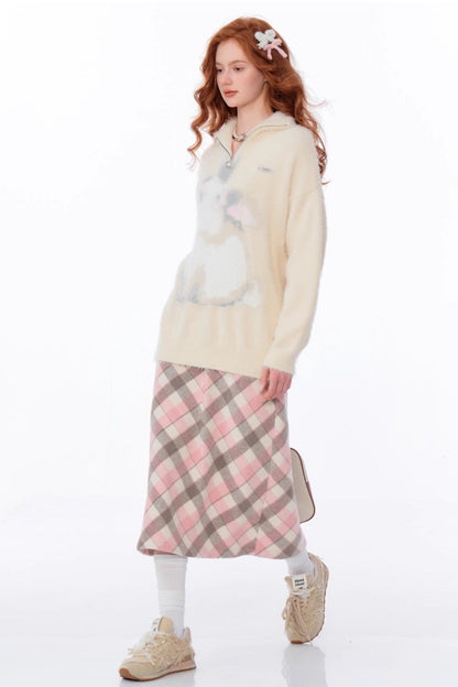 Pink Gray Check Woolen Skirt