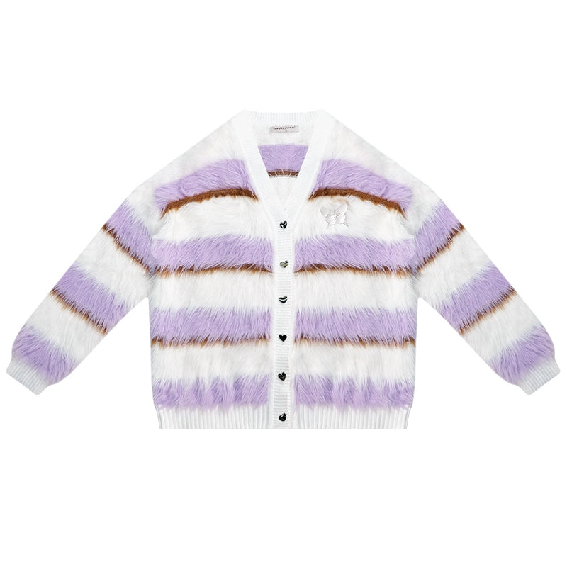 Purple and White Striped Knitted Cardigan