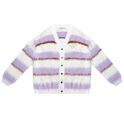 Purple and White Striped Knitted Cardigan