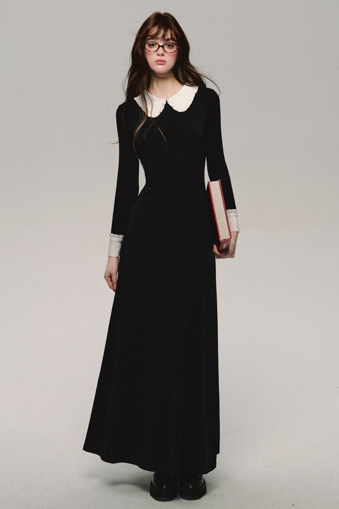 French Contrast Silk Long Sleeve Dress