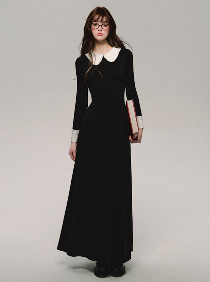French Contrast Silk Long Sleeve Dress