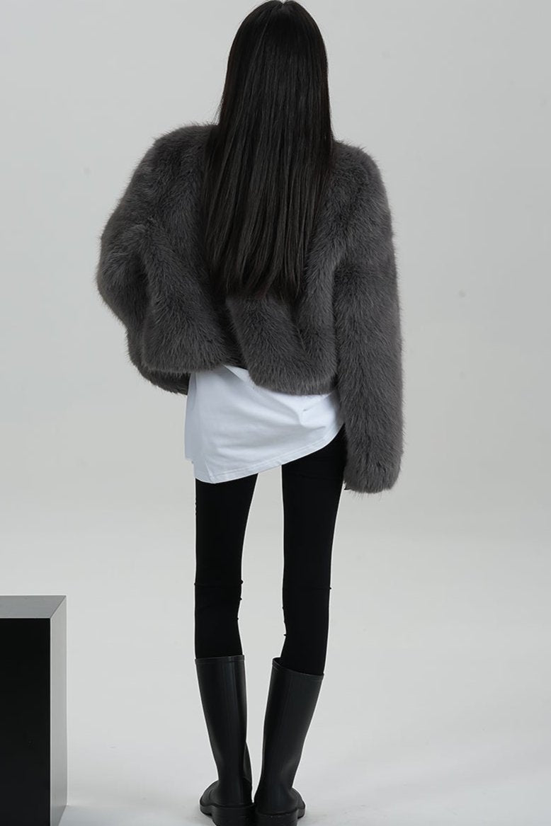 High-End Gray Eco-Friendly Fur Coat