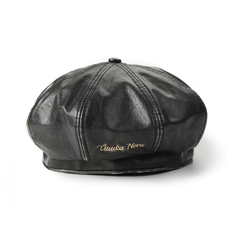 Black Embossed PU Pi Beret Hat