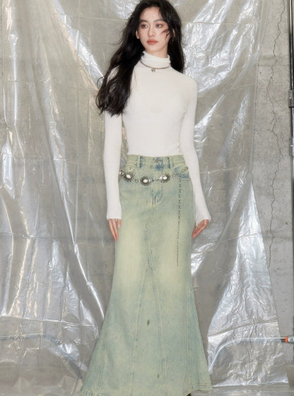 Mermaid faded high-waisted denim skirt