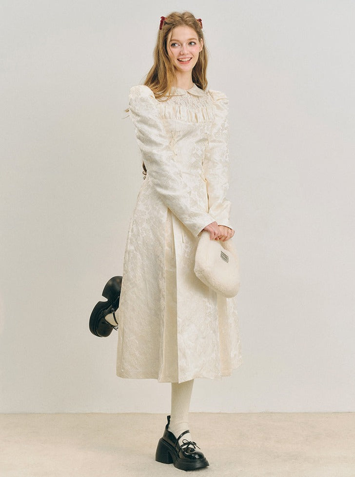 Snow puff sleeve jacquard lace-up dress