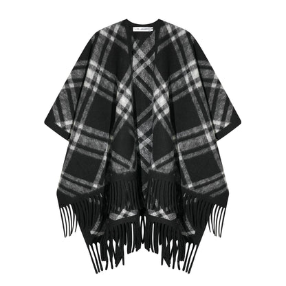 Retro Plaid Tassel Cape Shawl