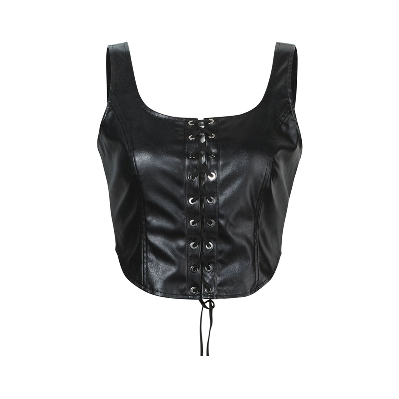 Black Lace-Up U-Neck Leather Vest Top