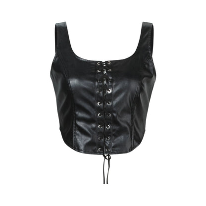 Black Lace-Up U-Neck Leather Vest Top