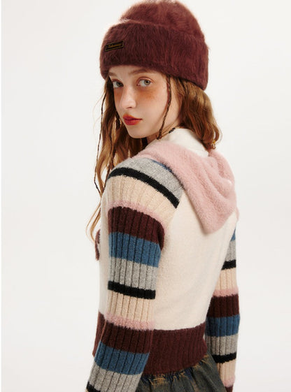 Retro Rainbow Stripe Wool Hooded Zipper Knitted Cardigan Coat