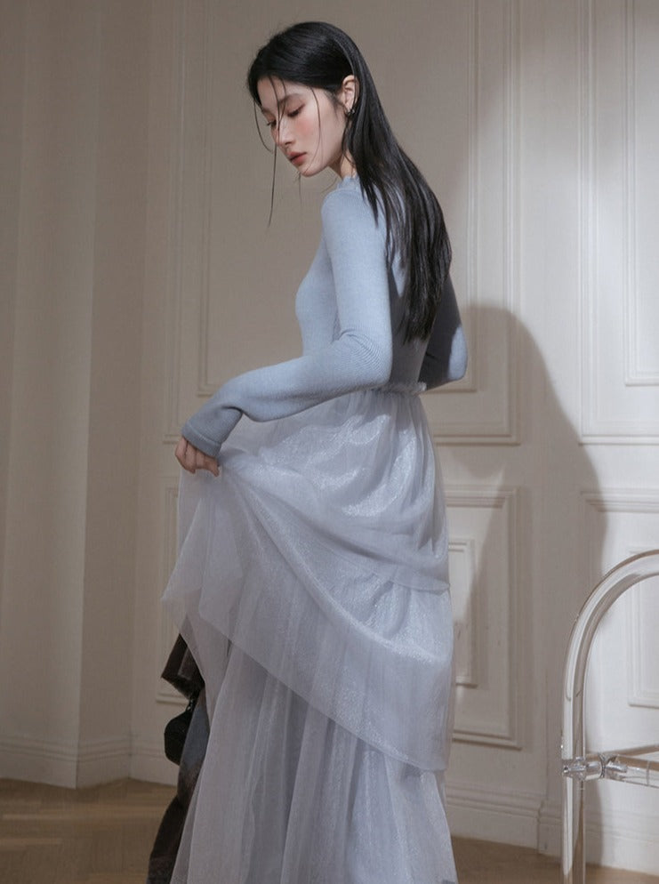 Blue wool patchwork dress