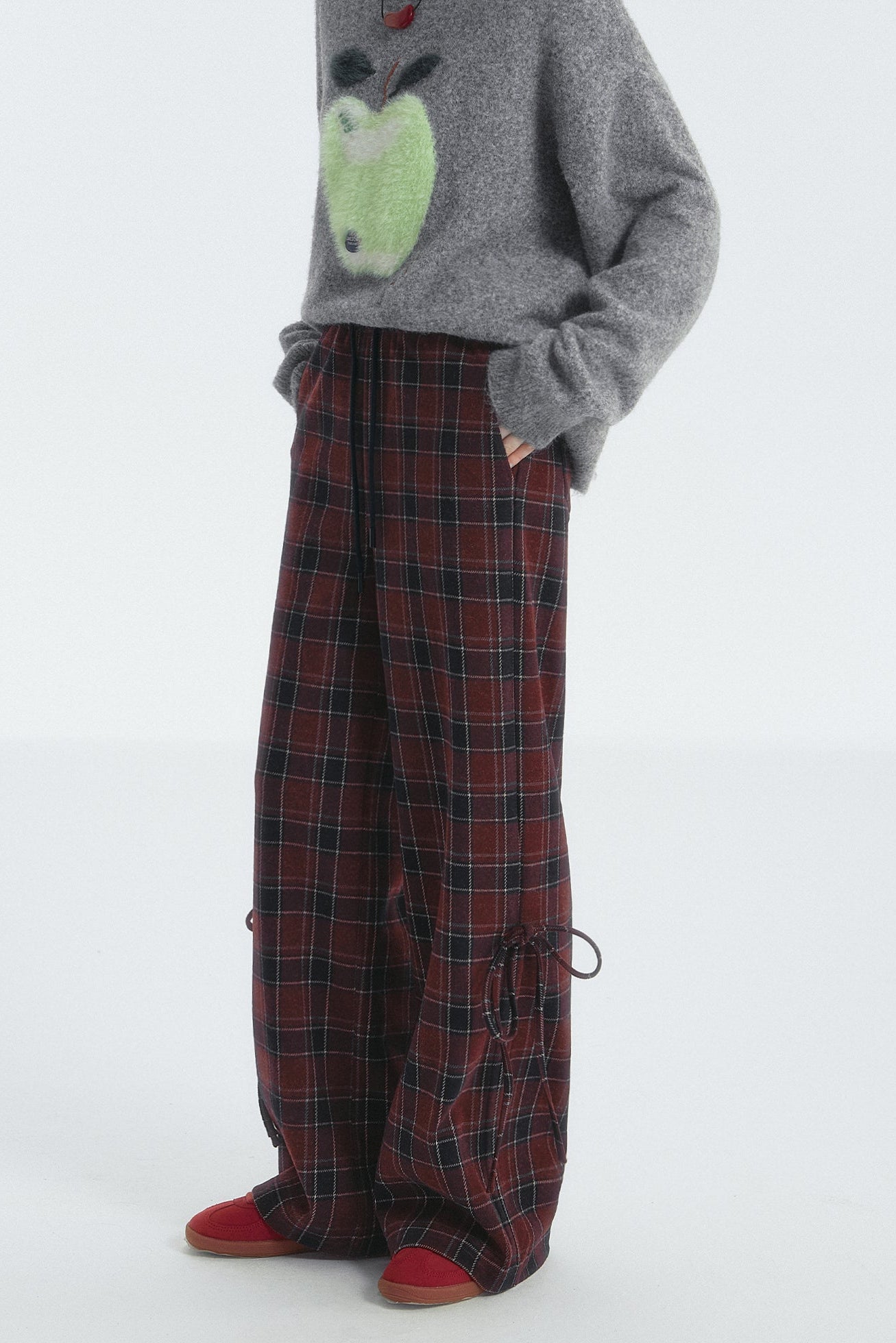 체크 드로스트링 보우 바지 