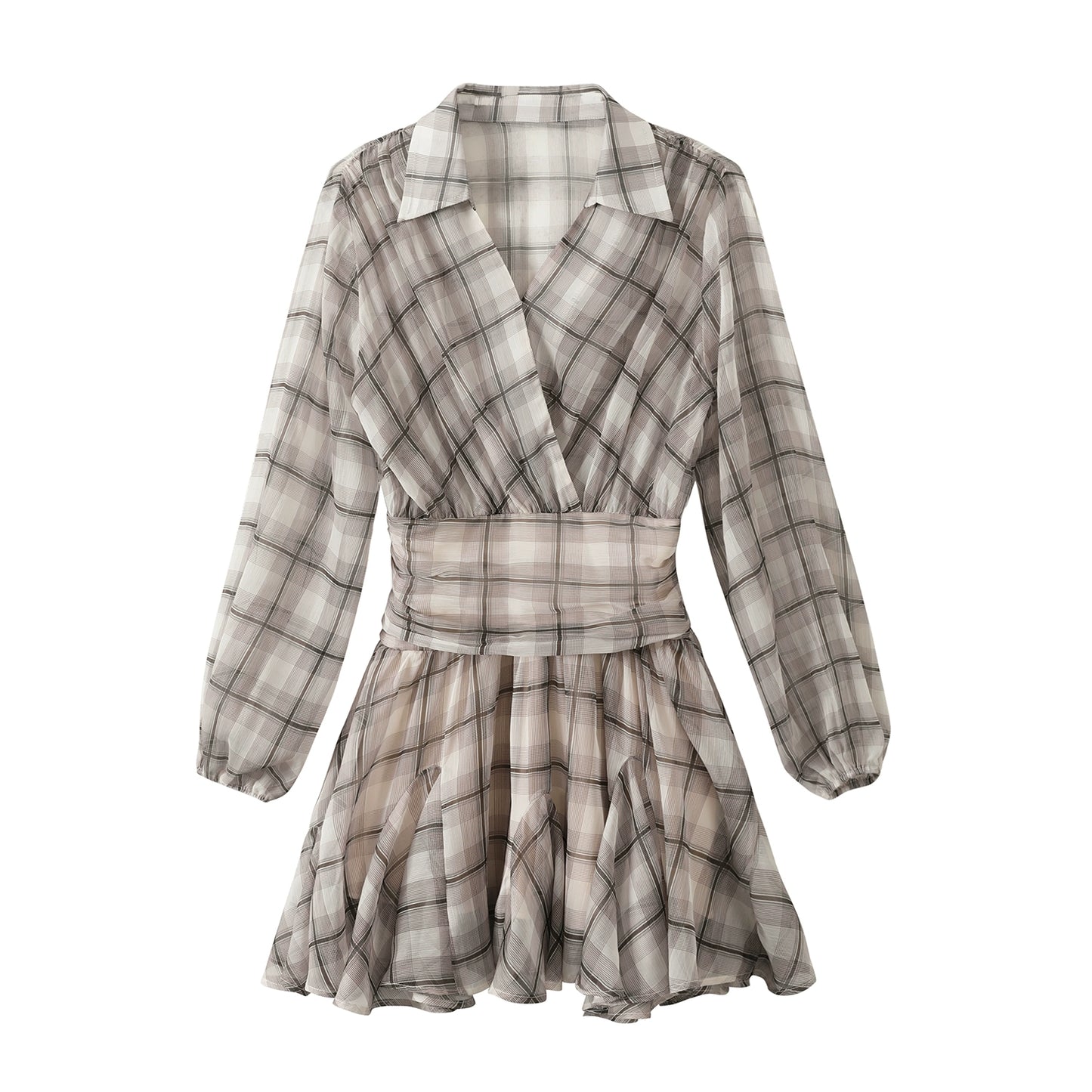 Recoin Sheer Plaid Ruffle A-Line Dress