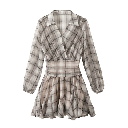 Recoin Sheer Plaid Ruffle A-Line Dress