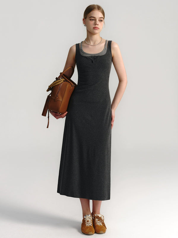 Gray Square Neck Vest Dress Set-Up