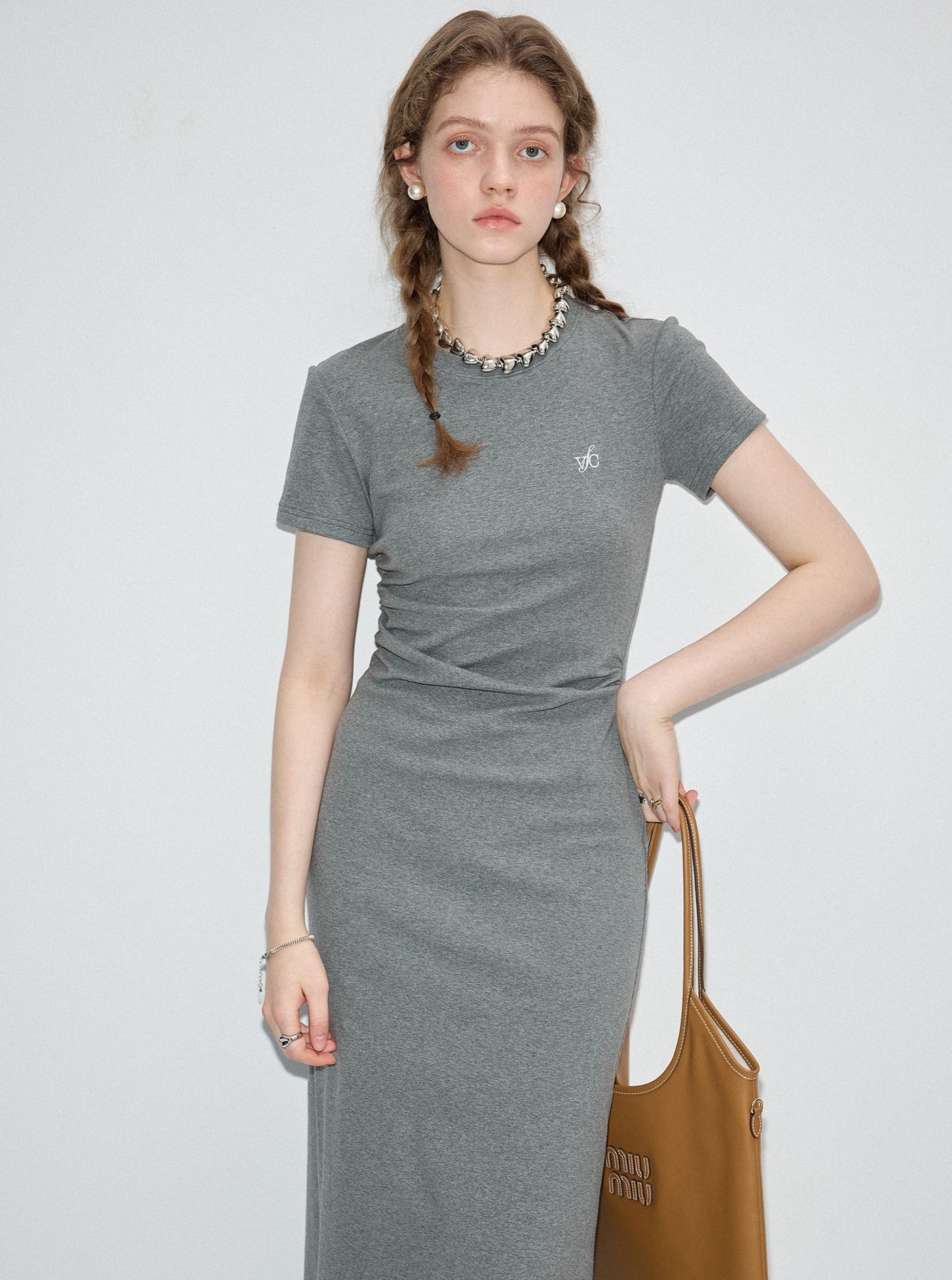 Cinched Waist Slim Round Neck Dress