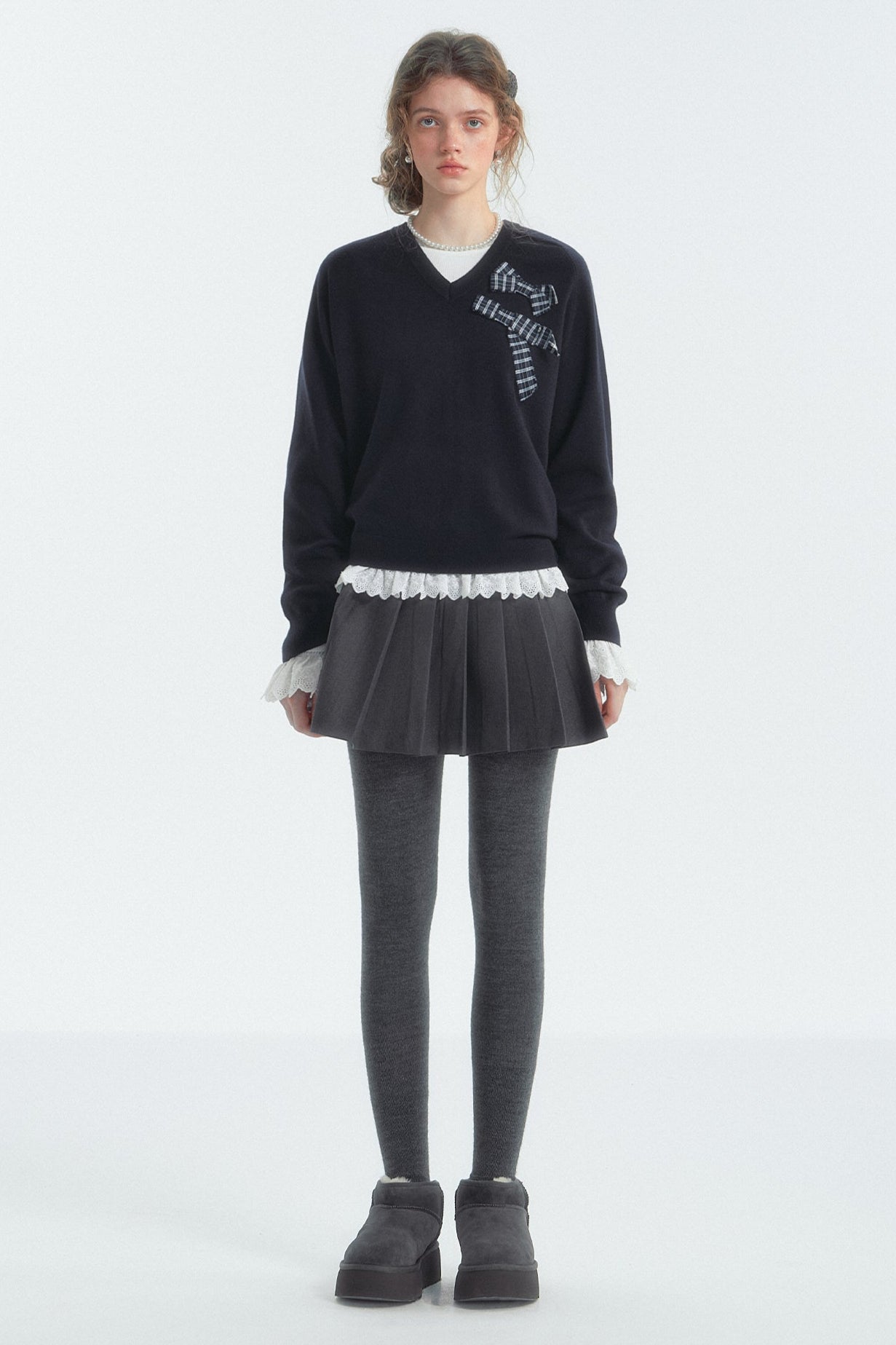 Bow Detail Checked V-Neck Jumper