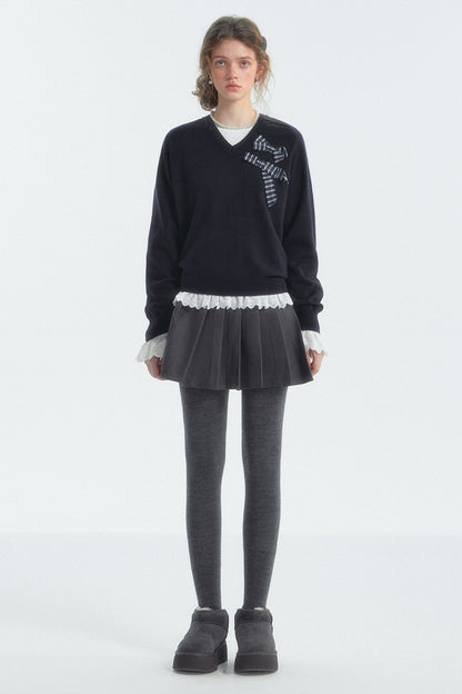 Bow Detail Checked V-Neck Jumper