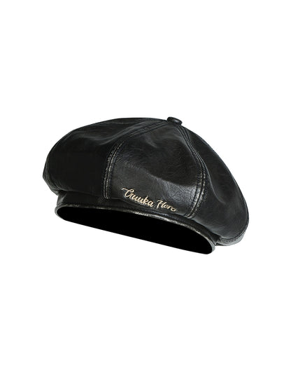 Black Embossed PU Pi Beret Hat