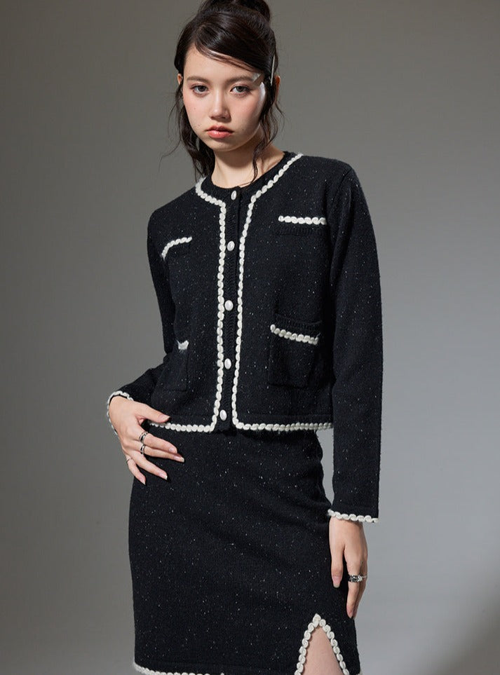 Long Sleeve Knitted Jacket With High Waist Skirt Set