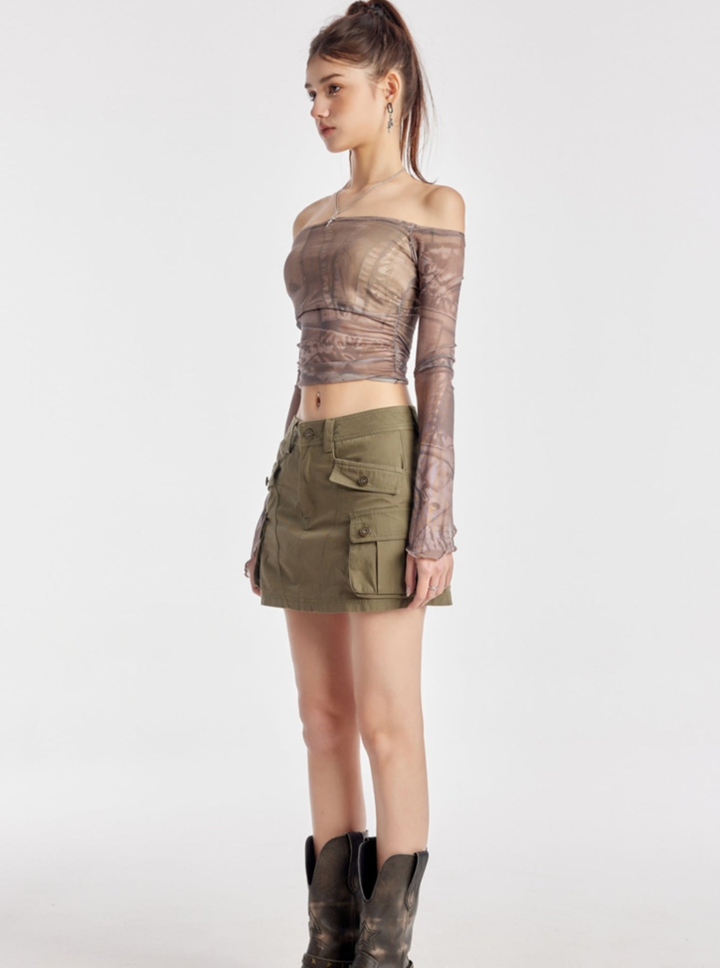 One-Shoulder Pleated Mesh Top