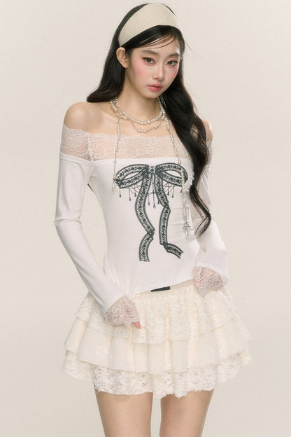 [September 26 at 20 o'clock on sale] less eyes night in Paris long-sleeved one-shoulder lace T-shirt women's early autumn