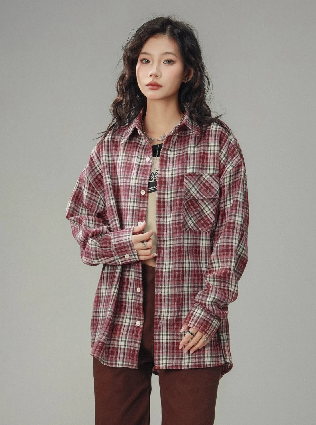 Vintage Plaid Langarm Silhouette Top