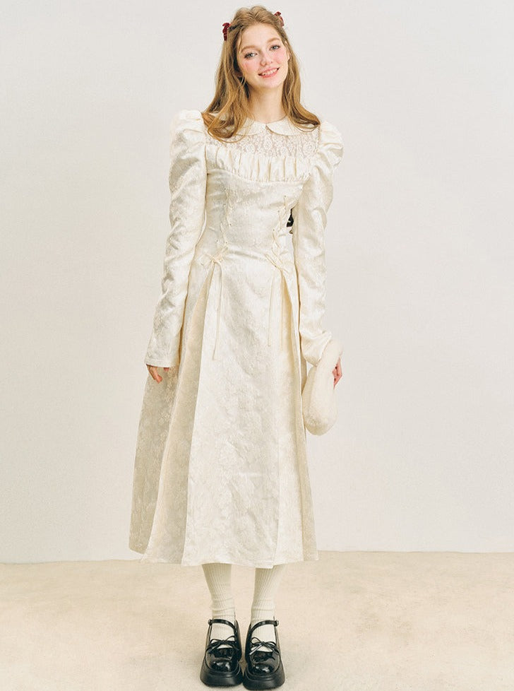 Snow puff sleeve jacquard lace-up dress