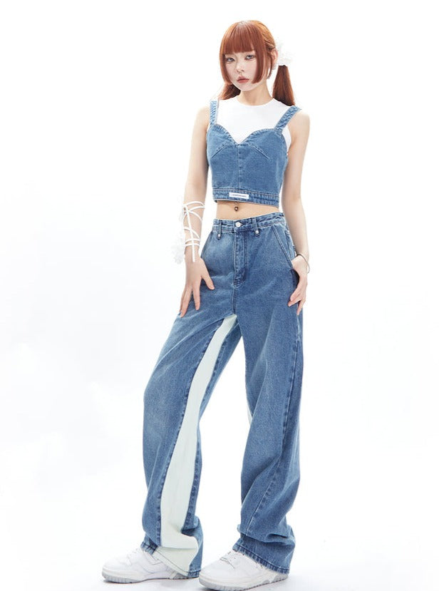 Strap Tank Top Denim Pants Two Piece Set