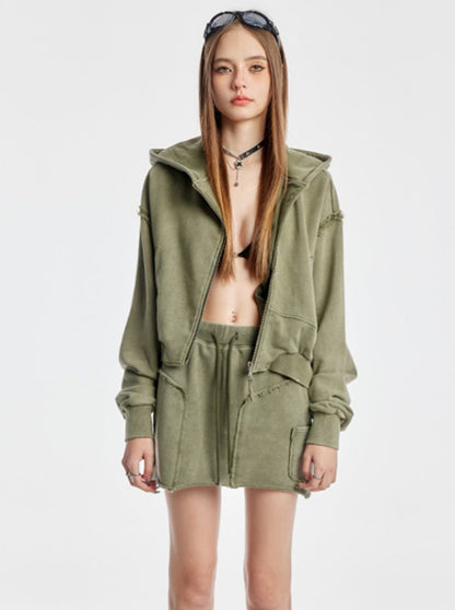 Army Green Hooded Cardigan Jacket