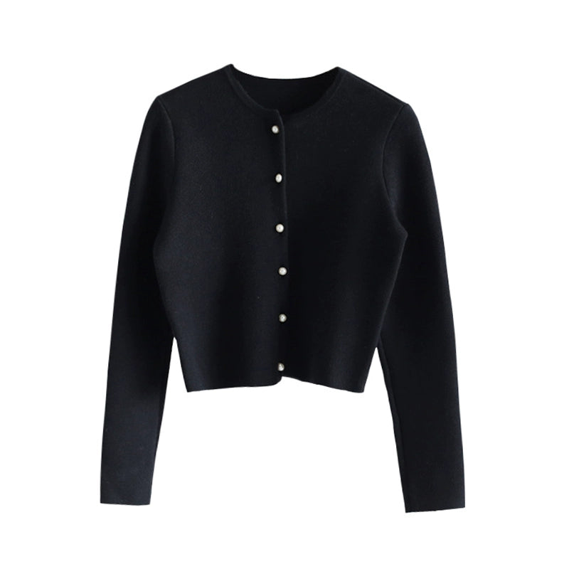 Round Neck Pearl Buckle Knitted Cardigan