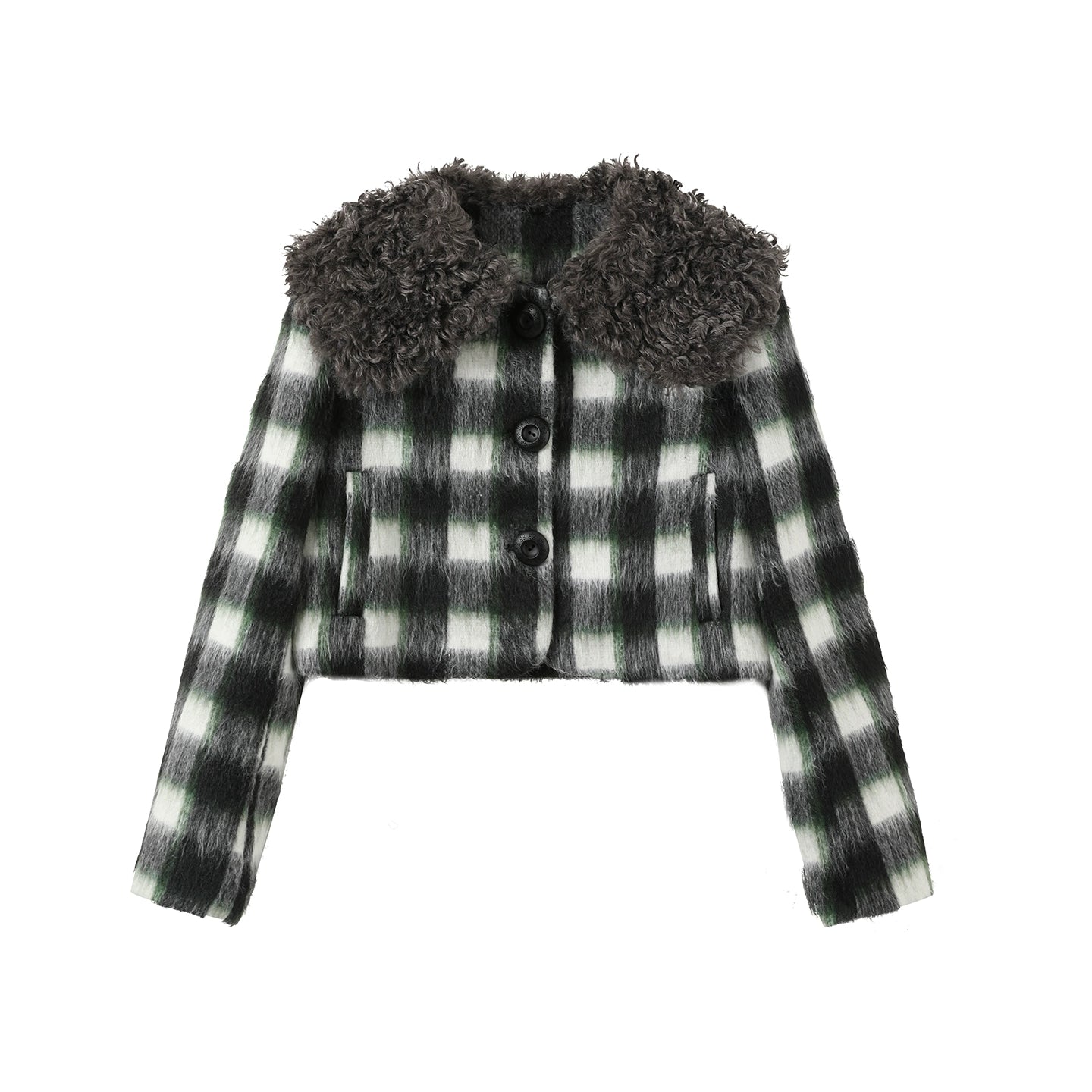 Plaid Wool Fur Collar Jacket