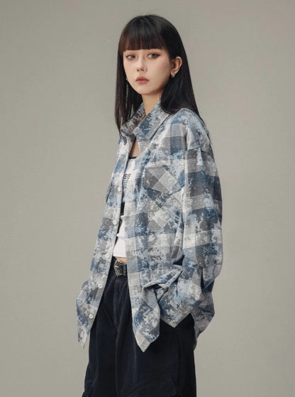 Distressed Mottled Plaid Long Sleeve Shirt