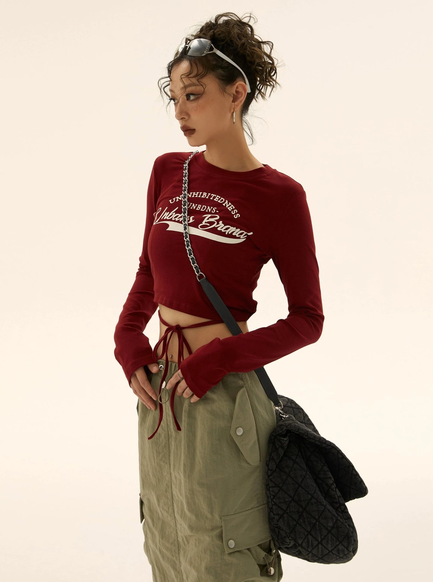 American vintage lace-up waistless long-sleeved T-shirt top