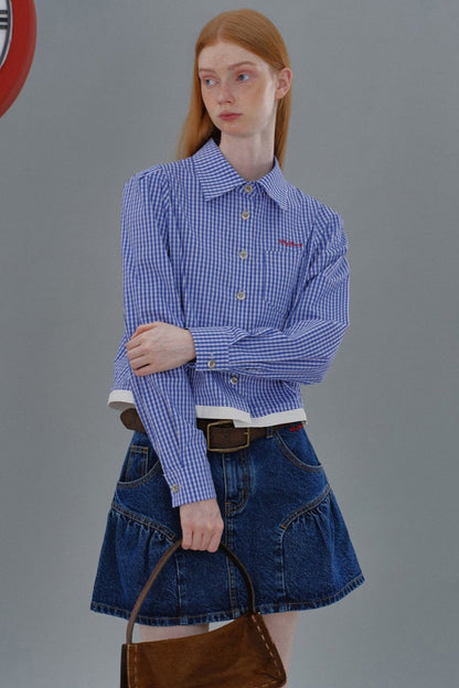 Lapel Check Cropped Princess Sleeves Shirt