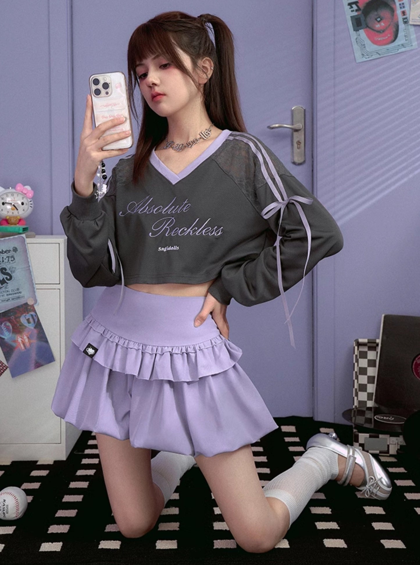 SagiDolls Teenage Fighting Spirit Jennie grau Jersey Blokette Sweet Cool College Sport Crop Top