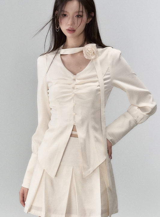 Drape V-neck long sleeve shirt and Skirt set