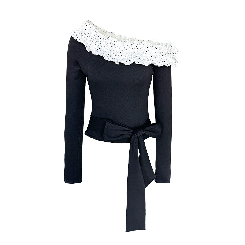 Sweet Slanted Shoulder Long-sleeved T-shirt