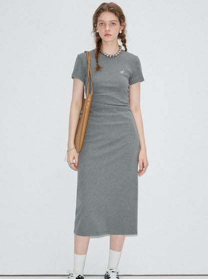 Cinched Waist Slim Round Neck Dress