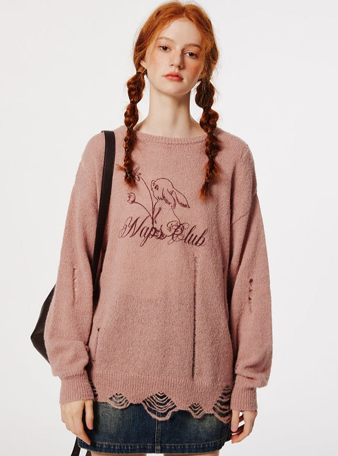 Rabbit print round neck sweater